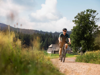 Ein Gravelbike-Fahrer fährt über eine Landstraße.