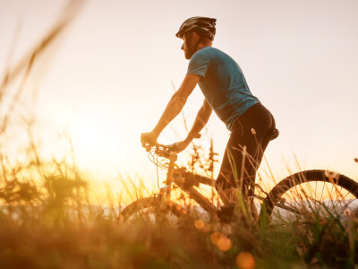 Mann mit Fahrrad auf einer Wiese