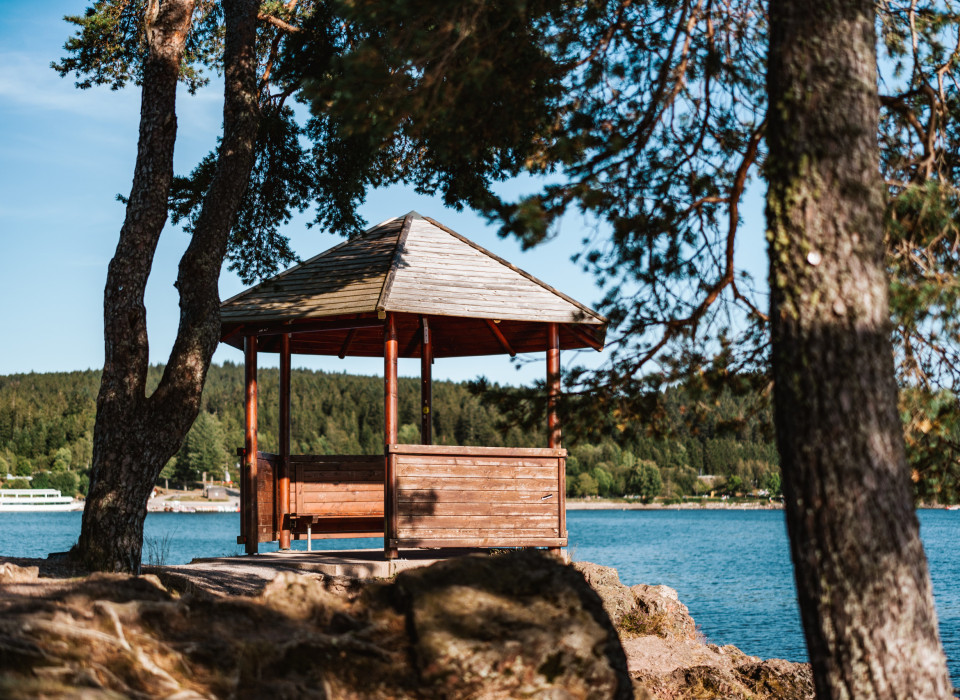 Holzpavillon am Ufer des Schluchsees mit Blick auf Wasser und Tannenwald im Schwarzwald