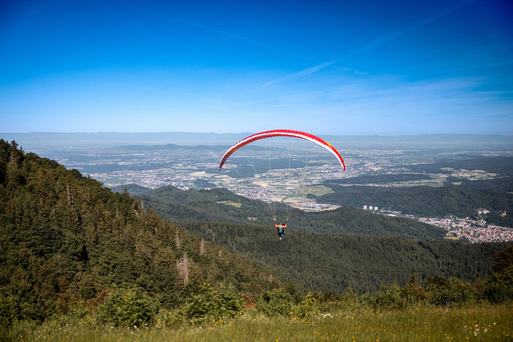Ein Tandem-Gleitschirm gleitet über die Landschaft des Schwarzwalds.
